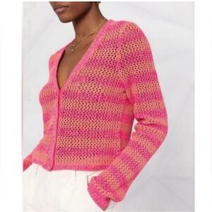Rag & Bone Pink Stripe Carson Open Knit Cardigan Large Fall Boxy Colorful Winter